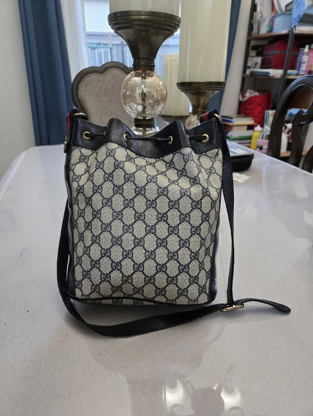 Gucci Black/Beige GG Canvas Drawstring Shoulder Bag - Picture 2 of 10
